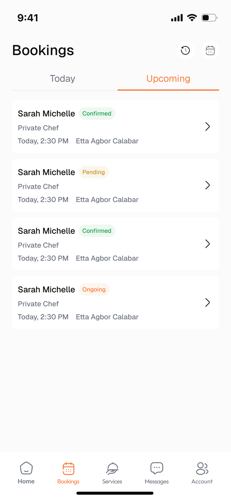 Traclet app bookings screen with upcoming appointments
