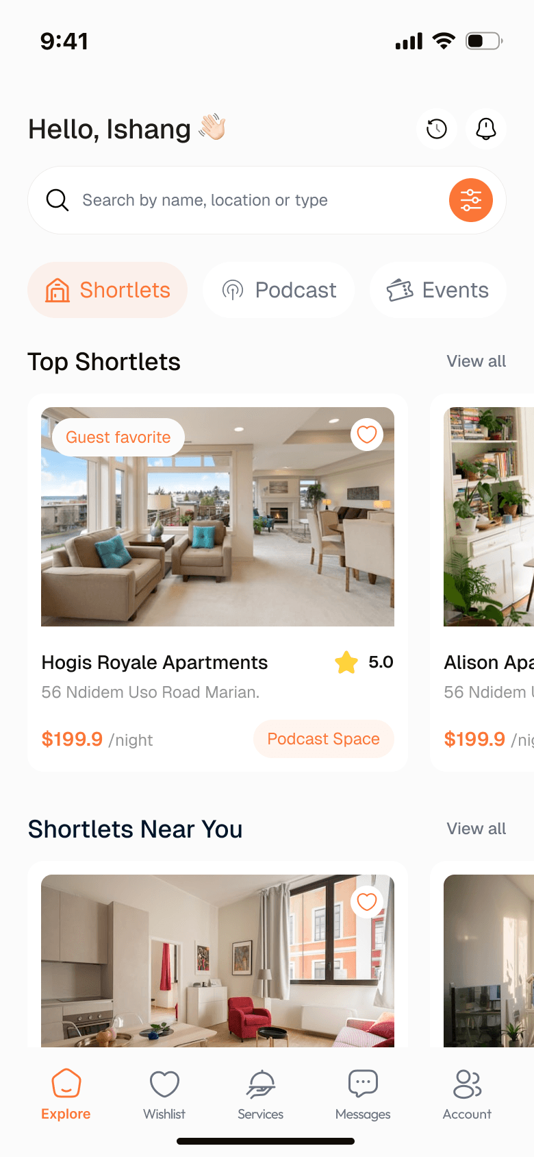 Traclet app search results showing shortlet listings